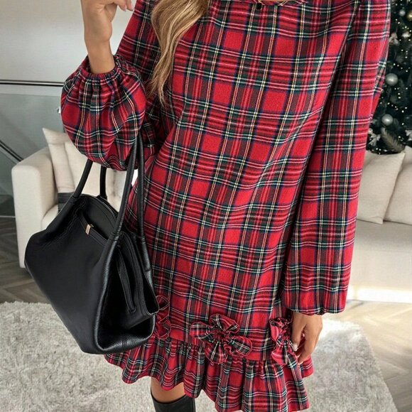 Red Elegant Women's Christmas Lantern Sleeve Mini Dress - Picture 3 of 6